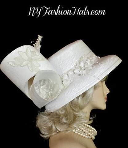 White Couture Bridal Wedding Hat Brides Headpiece Church Designer Hats - Image 2