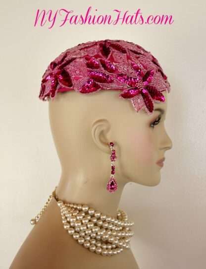 Women's Designer Hot Pink Satin Glass Bead Sequin Pearl Cocktail Hat Bridal Wedding Headpiece 7J21 - Image 3