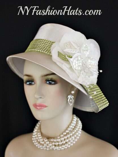 Women's Ivory Soft Beige Satin Lime Green Rhinestone Wedding Church Designer Dress Hat, Kentucky Derby Hats