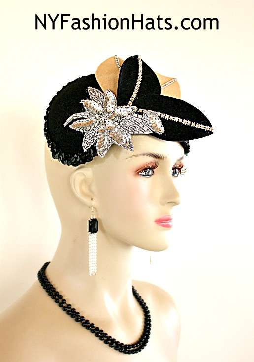 Women's Art Deco 1920's Flapper Winter Wool Black Tan Metallic Silver Cocktail Hat Wedding Fascinator Headpiece - Image 2
