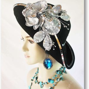 Haute Couture Motf Premium Black Winter Wool Metallic Silver Mirror Designer Hat, Art Deco Style Headwear Millinery NYFashionHats.com, Church Weddings Formals  2391