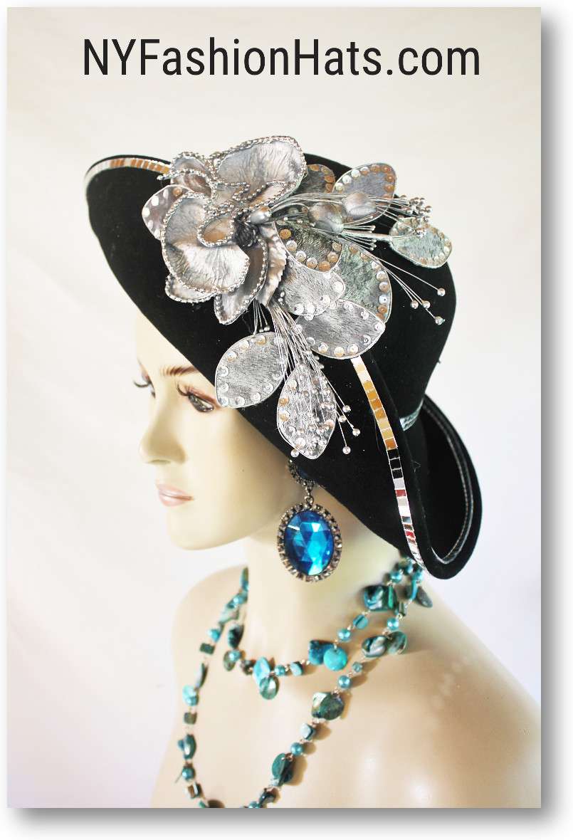 Haute Couture Motf Premium Black Winter Wool Metallic Silver Mirror Designer Hat, Art Deco Style Headwear Millinery NYFashionHats.com, Church Weddings Formals  2391