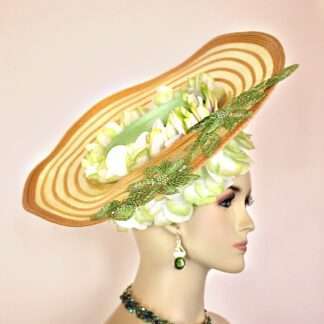 Couture Hat Vintage Style Gold Lime Green White Floral Sequin Wedding Church Races Hats