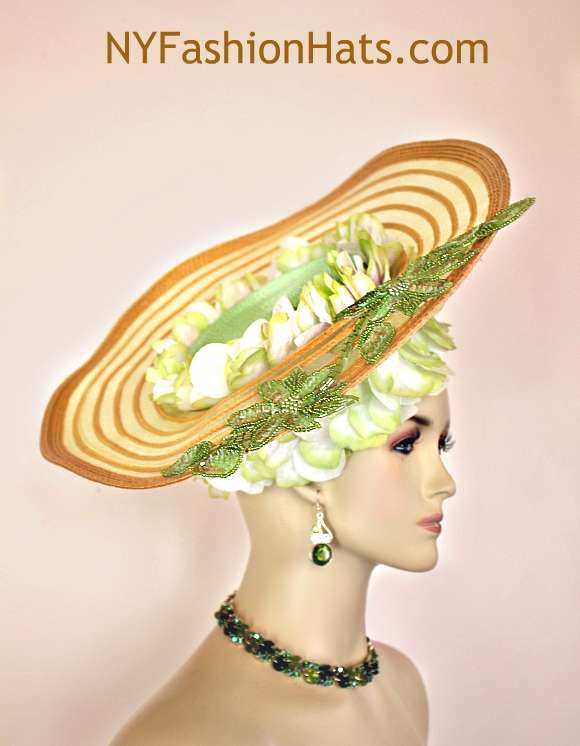 Couture Hat Vintage Style Gold Lime Green White Floral Sequin Wedding Church Races Hats
