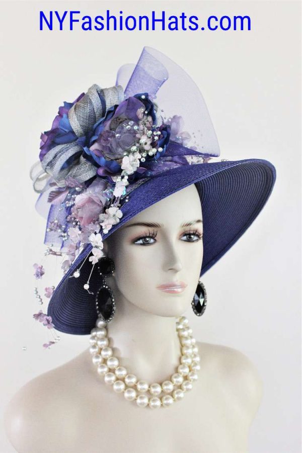 Haute Couture Custom Made Statement Wedding Church Hat, Royal Blue Purple Soft Green Millinery KZ1 - Image 2