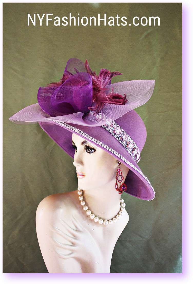 Couture Purple Lavender Exotic Feathered Winter Wool Designer Statement Hat, Church Wedding Races NY Fashion Hats Millinery 2385 - Image 3