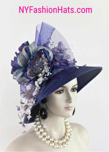 Haute Couture Custom Made Statement Wedding Church Hat, Royal Blue Purple Soft Green Millinery KZ1