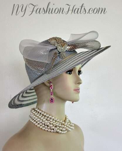 Metallic Silver Wide Brim Special Occasion Designer Hat Dress Wedding Hats  Z9Z3 - Image 2