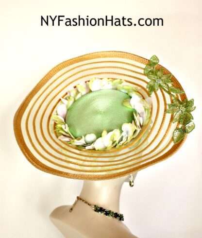 Couture Hat Vintage Style Gold Lime Green White Floral Sequin Wedding Church Races Hats - Image 3