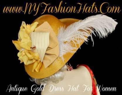 Women's Antique Gold White Mustard Yellow Hat Kentucky Derby Hats - Image 2