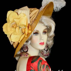 Women's Antique Gold White Mustard Yellow Hat Kentucky Derby Hats