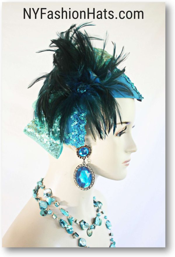 Haute Couture Statement Turquoise Blue Green Winter Cocktail Hat Wedding Fascinator For Women, Sequin Feather Designer Headpiece Bridal, NYFashionHats Millinery 2392 - Image 3