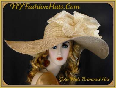 Woman's Couture Antique Gold Wide Big Brim Designer Hat Kentucky Derby Hats, NYDesignerHats Millinery, Gianna - Image 2