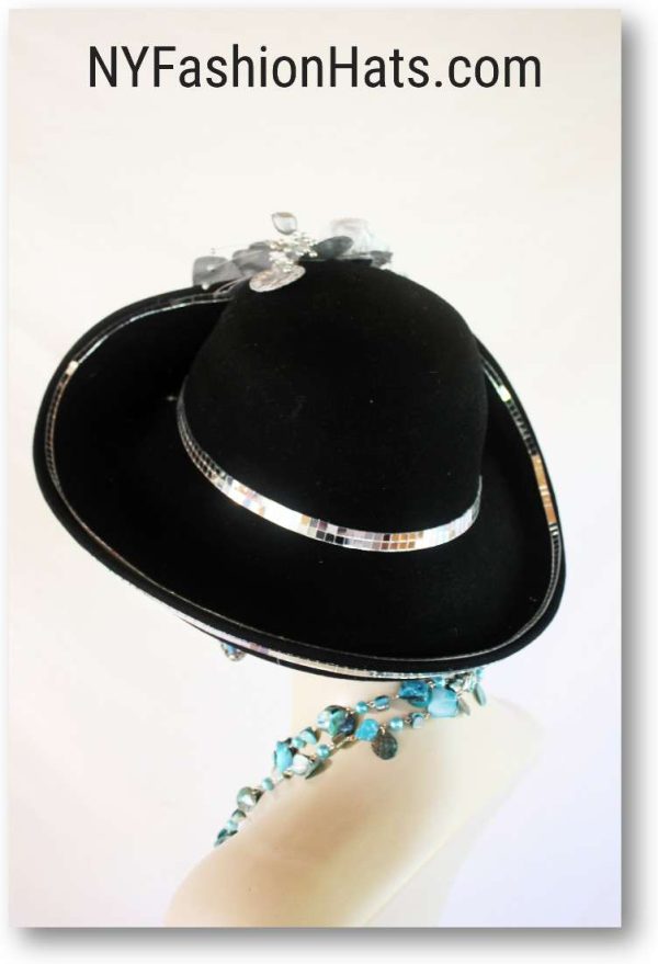 Haute Couture Motf Premium Black Winter Wool Metallic Silver Mirror Designer Hat, Art Deco Style Headwear Millinery NYFashionHats.com, Church Weddings Formals  2391 - Image 3
