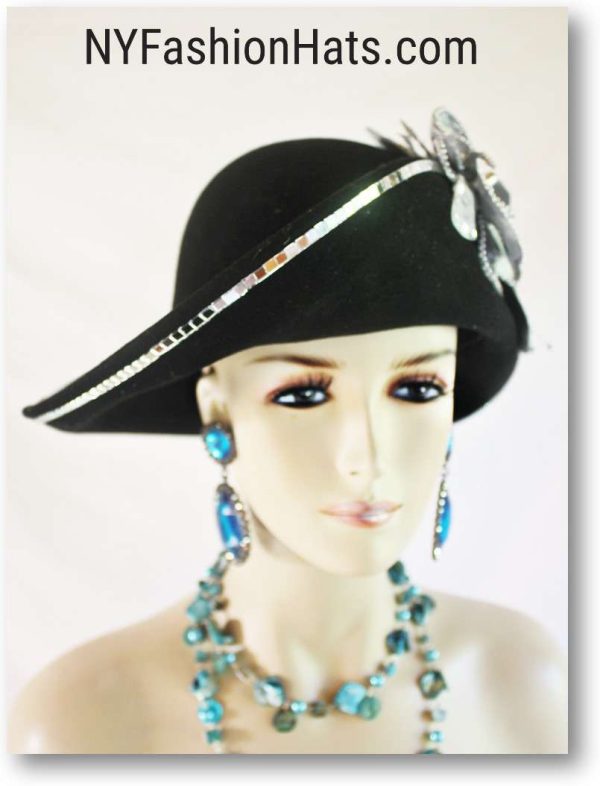 Haute Couture Motf Premium Black Winter Wool Metallic Silver Mirror Designer Hat, Art Deco Style Headwear Millinery NYFashionHats.com, Church Weddings Formals  2391 - Image 4