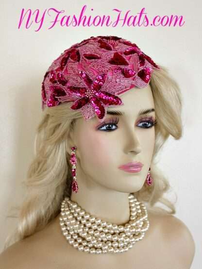 Women's Designer Hot Pink Satin Glass Bead Sequin Pearl Cocktail Hat Bridal Wedding Headpiece 7J21