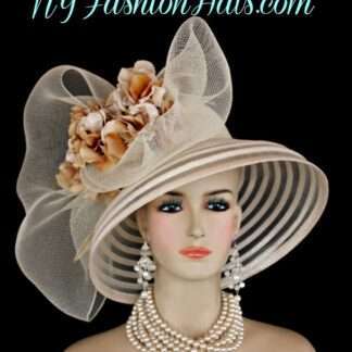 Ladies Ivory Beige Sheer Large Brim Dress Hat, Wedding Formals Church Races, H8R343