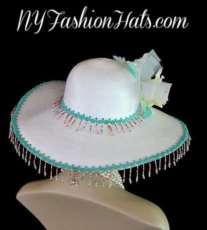 Wedding Bridal Hat, Women's White Aqua Green Ivory Wide Brim Designer Kentucky Derby Hat 3QU8 - Image 3