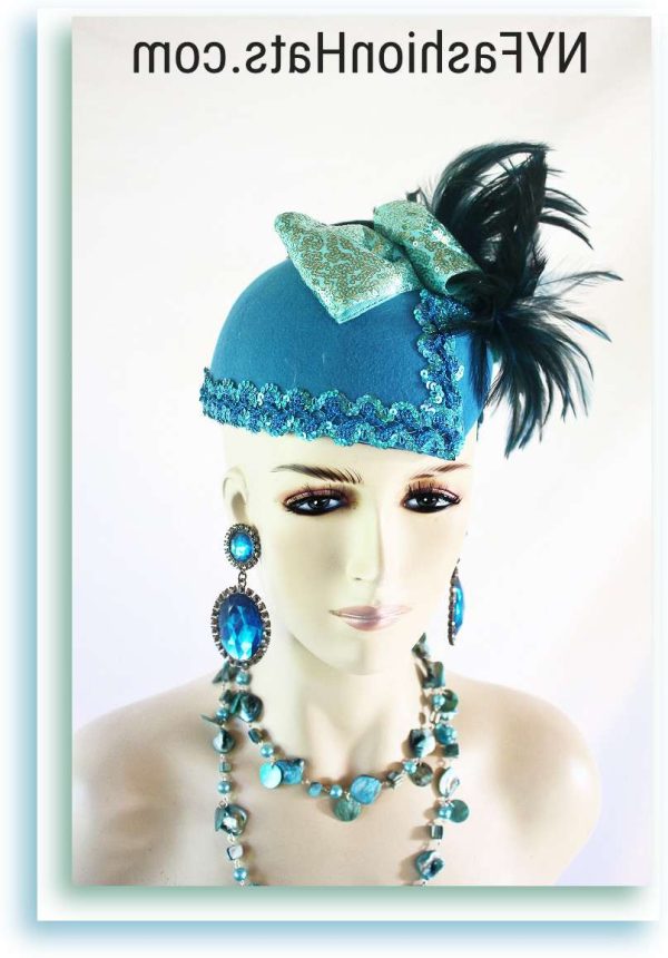 Haute Couture Statement Turquoise Blue Green Winter Cocktail Hat Wedding Fascinator For Women, Sequin Feather Designer Headpiece Bridal, NYFashionHats Millinery 2392 - Image 4