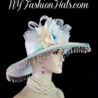 Wedding Bridal Hat, Women's White Aqua Green Ivory Wide Brim Designer Kentucky Derby Hat 3QU8