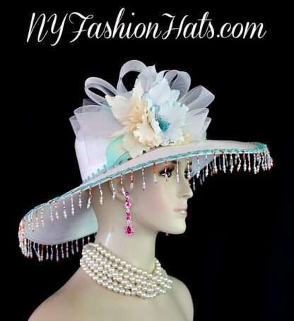 Wedding Bridal Hat, Women's White Aqua Green Ivory Wide Brim Designer Kentucky Derby Hat 3QU8