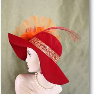 Women's Haute Couture Red Orange Vintage Style Floppy Winter Wool Hat, Statement Designer Church Wedding Races Hat Millinery NY Fashion Hats 2389