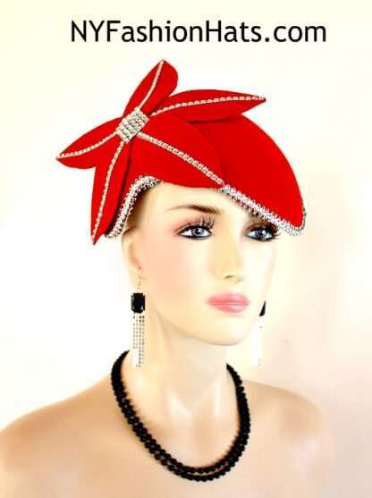 Women's Art Deco 1920's Flapper Style Winter Wool Red Cocktail Hat Wedding Fascinator - Image 3