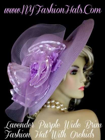 Lavender Purple Designer Dress Hat With Orchids, NY Fashion Hats