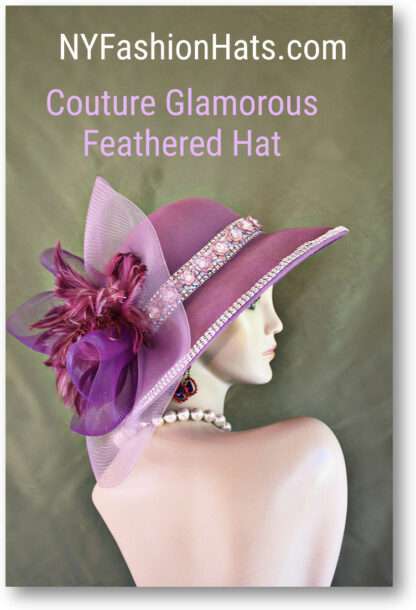 Couture Purple Lavender Exotic Feathered Winter Wool Designer Statement Hat, Church Wedding Races NY Fashion Hats Millinery 2385 - Image 2