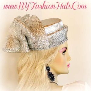 Women's Formal Metallic Silver Pillbox Holiday Wedding Dress Hat, Sabbath Church Formal Hat, NYDesignerHats Diane