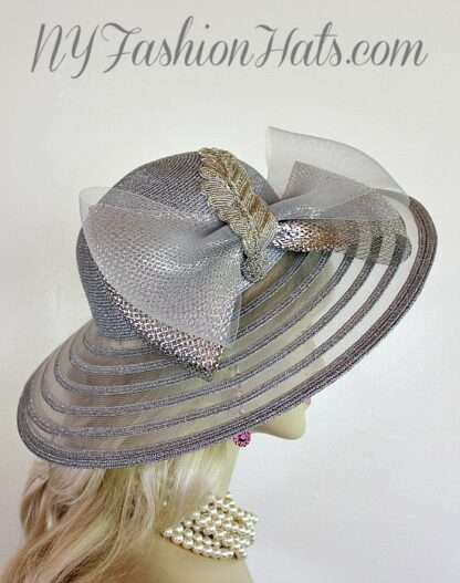 Metallic Silver Wide Brim Special Occasion Designer Hat Dress Wedding Hats  Z9Z3