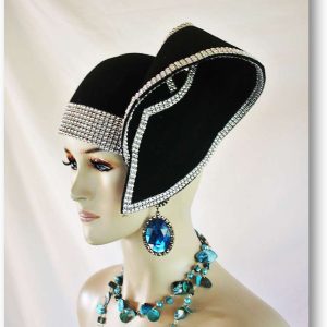 Women's Black Haute Couture Designer Fashion Sculptured Pillbox Hat, Winter Wool Headpiece With Rhinestones, NYFashionHats Paris Milan
