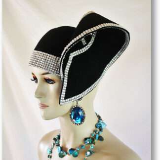Women's Black Haute Couture Designer Fashion Sculptured Pillbox Hat, Winter Wool Headpiece With Rhinestones, NYFashionHats Paris Milan