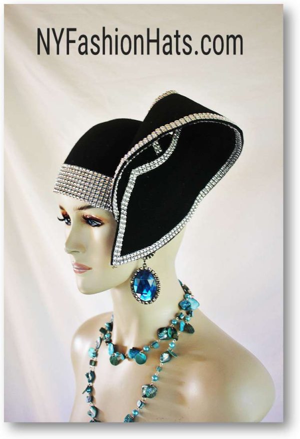 Women's Black Haute Couture Designer Fashion Sculptured Pillbox Hat, Winter Wool Headpiece With Rhinestones, NYFashionHats Paris Milan