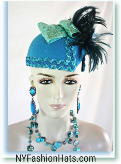 Haute Couture Statement Turquoise Blue Green Winter Cocktail Hat Wedding Fascinator For Women, Sequin Feather Designer Headpiece Bridal, NYFashionHats Millinery 2392