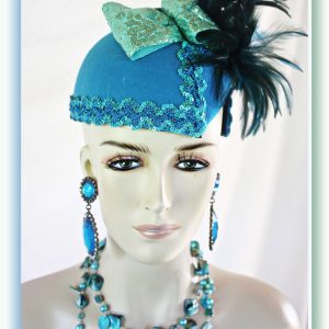 Haute Couture Statement Turquoise Blue Green Winter Cocktail Hat Wedding Fascinator For Women, Sequin Feather Designer Headpiece Bridal, NYFashionHats Millinery 2392