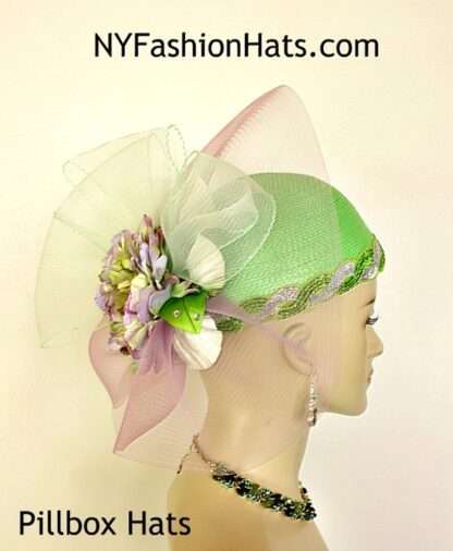 Couture Designer Pillbox Wedding Church Hat Lime Green Lavender Purple P2N - Image 3