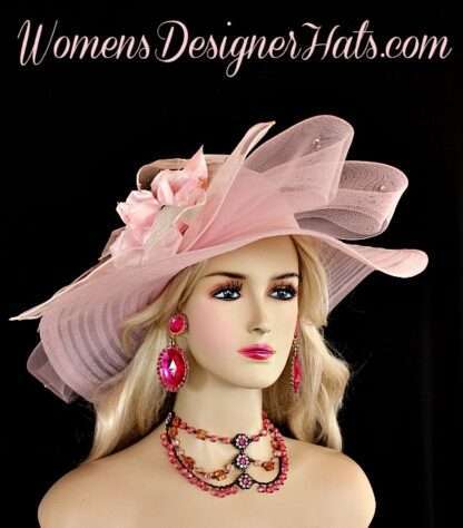 Pink Wide Brim Designer Special Occasion Wedding Bridal Hat Derby Hats 86G2 - Image 3