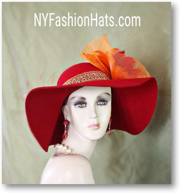 Women's Haute Couture Red Orange Vintage Style Floppy Winter Wool Hat, Statement Designer Church Wedding Races Hat Millinery NY Fashion Hats 2389 - Image 2