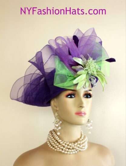 Women's Designer Purple Lime Green Lift Up Wide Brim Kentucky Derby Hat Rhinestones, Wedding Church Custom Dress Hats - Image 2