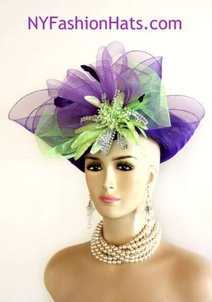 Women's Designer Purple Lime Green Lift Up Wide Brim Kentucky Derby Hat Rhinestones, Wedding Church Custom Dress Hats