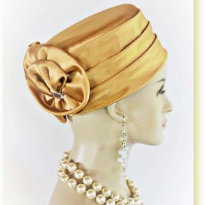 Classic Antique Gold Satin Pillbox Formal Church Temple Hat, Couture Hats For Weddings Dress 2383