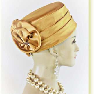 Classic Antique Gold Satin Pillbox Formal Church Temple Hat, Couture Hats For Weddings Dress 2383