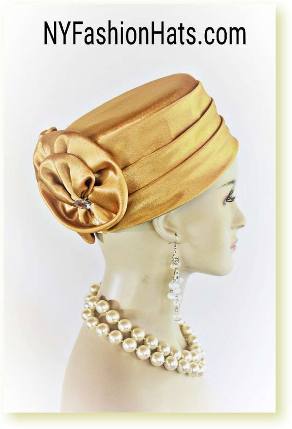 Classic Antique Gold Satin Pillbox Formal Church Temple Hat, Couture Hats For Weddings Dress 2383