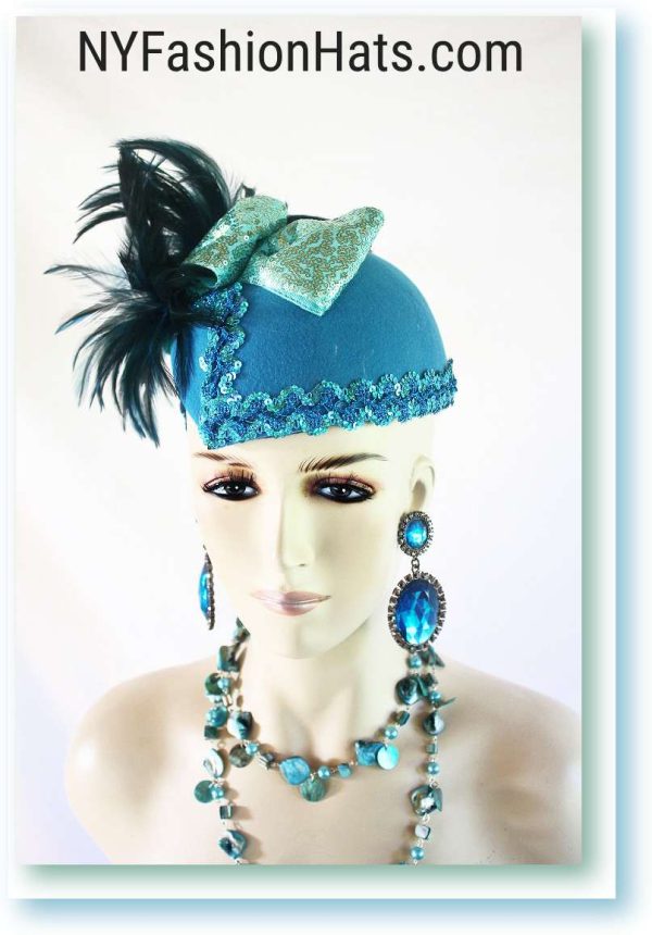 Haute Couture Statement Turquoise Blue Green Winter Cocktail Hat Wedding Fascinator For Women, Sequin Feather Designer Headpiece Bridal, NYFashionHats Millinery 2392 - Image 2