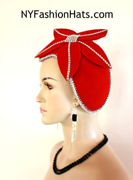 Women's Art Deco 1920's Flapper Style Winter Wool Red Cocktail Hat Wedding Fascinator - Image 2