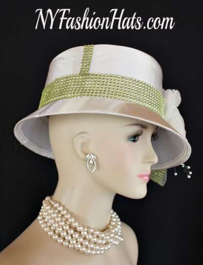 Women's Ivory Soft Beige Satin Lime Green Rhinestone Wedding Church Designer Dress Hat, Kentucky Derby Hats - Image 2