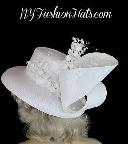 White Couture Bridal Wedding Hat Brides Headpiece Church Designer Hats - Image 3