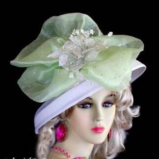 Women's White Celery Green Ivory Designer Hat With Flowers, Dress Hats