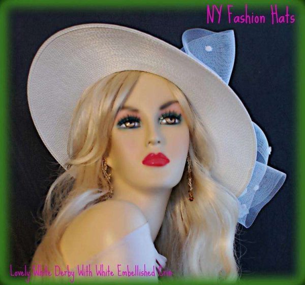 White Wide Brim Wedding Brides Formal Ladies Hat, NY Fashion Hats - Image 4